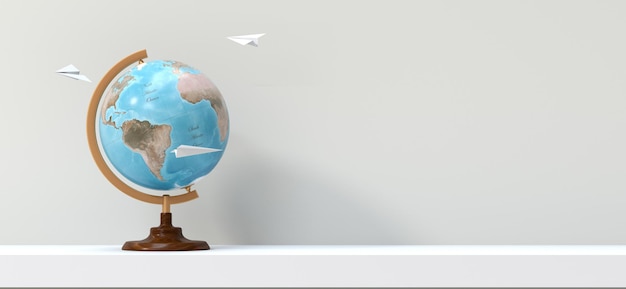 Terrestrial globe on a shelf with paper planes - 3D rendering