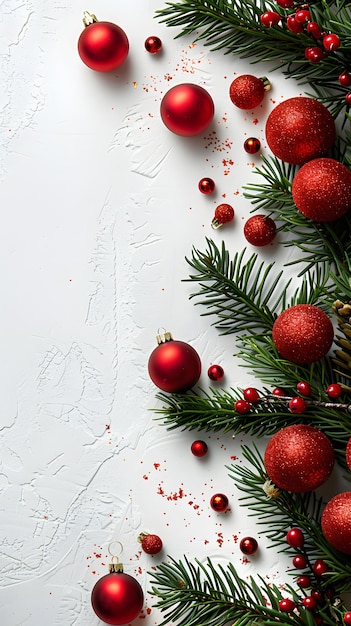 Terrestrial plant decorated with red ornaments on white backdrop