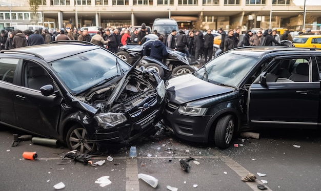 Terrible car crash in the downtown Lots of spectators at backdrop in blur Generative AI