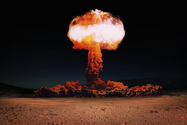 Terrible explosion of a nuclear bomb with a mushroom in the desert Hydrogen bomb test World War 3 Nuclear catastrophe