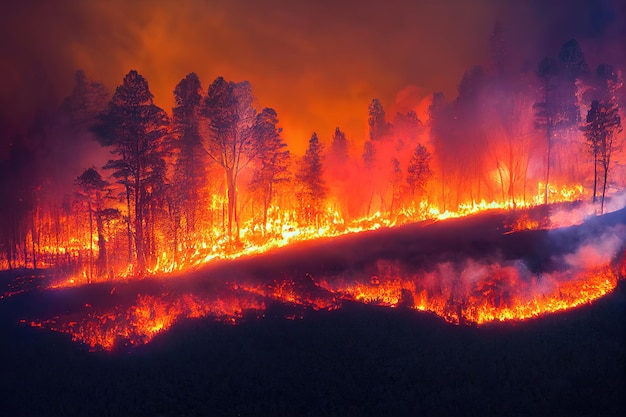 Terrible forest fires annual natural disasters forests are burning and all trees are on fire trunks