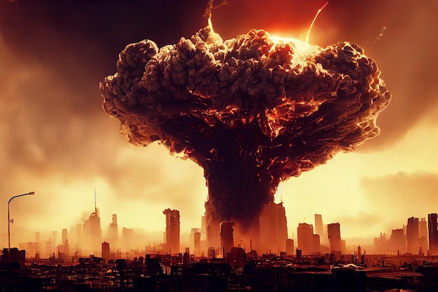 Terrible Huge Nuclear Bomb Explosion in City 3D Artwork Apocalyptic Illustration