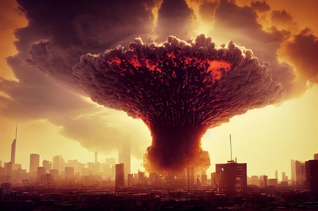 Terrible Huge Nuclear Bomb Explosion in City 3D Artwork Apocalyptic Illustration