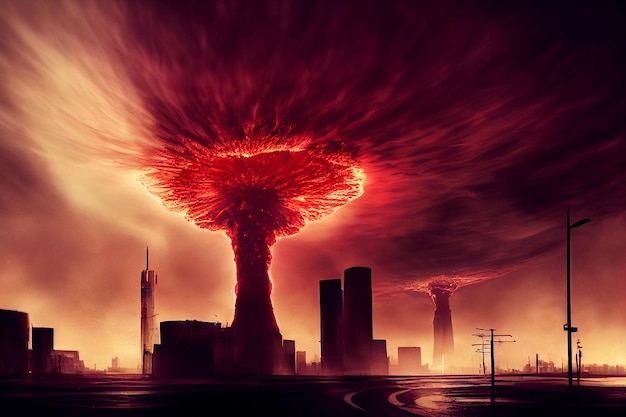 Terrible Huge Nuclear Bomb Explosion in City 3D Artwork Apocalyptic Illustration