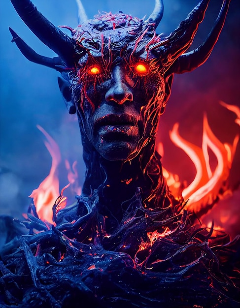 Terrible Infernal Burning Demon with Horns 3D Render Art Conceptual Illustration