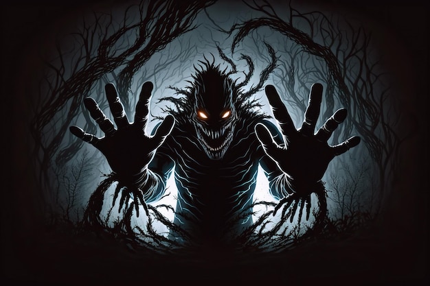 Terrible monster beast at night in forest from nightmares Generative AI illustration