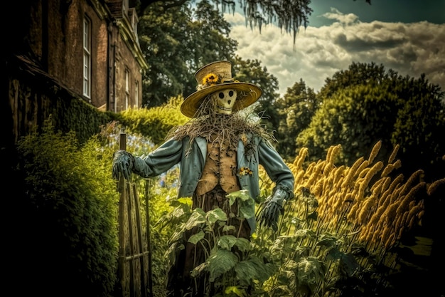 Terrible scarecrow with skull standing on field next to house