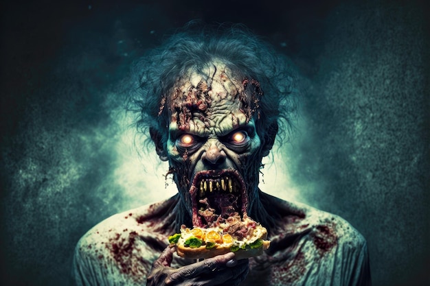 Terrible zombie devouring slice of pizza amid apocalypse