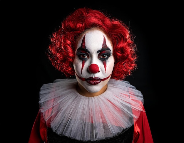 Photo terrifying clown on black background halloween party costume