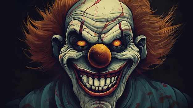 Terrifying clown illustration with yellow teeth and bold makeup