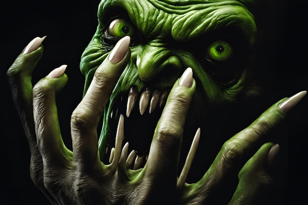 Photo terrifying green monster with sharp claws and menacing gaze