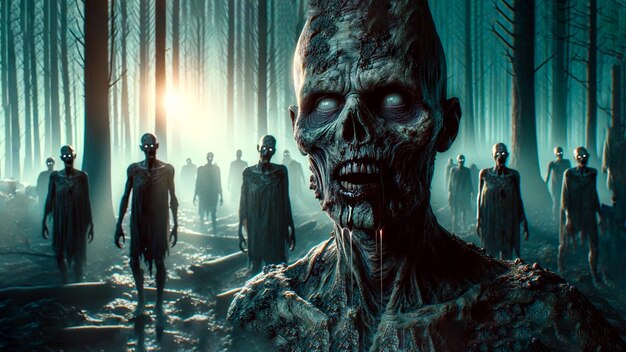 Terrifying Zombie Horde Assembles at Dawn in Silent Forest