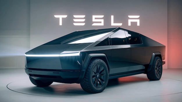 Photo tesla cybertruck 2024 futuristic electric pickup parked in a modern driveway