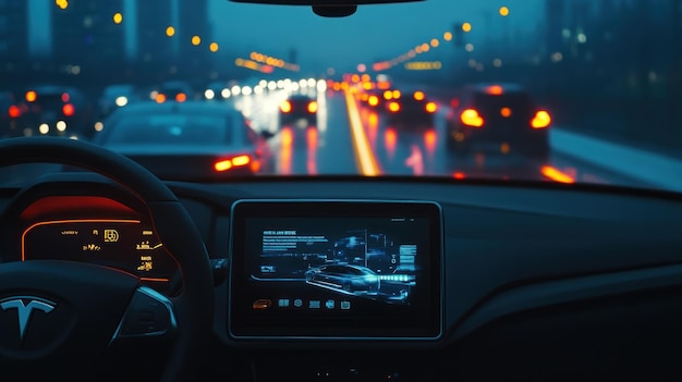 Tesla Interior with Nighttime City Lights