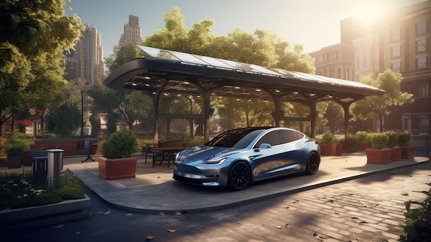 A tesla model 3 car is parked in a plaza.