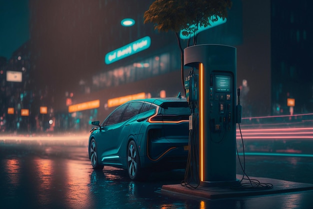 A tesla model 3 charging at night in the rain.