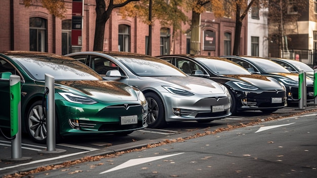 A tesla model 3 charging station at night.