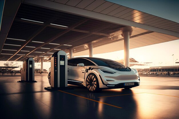 A tesla model 3 charging station with a white model 3.