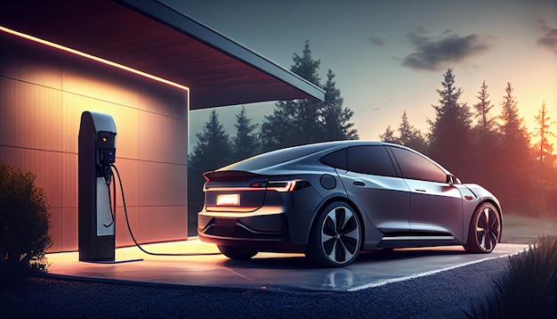 A tesla model 3 electric car is parked at a gas station.