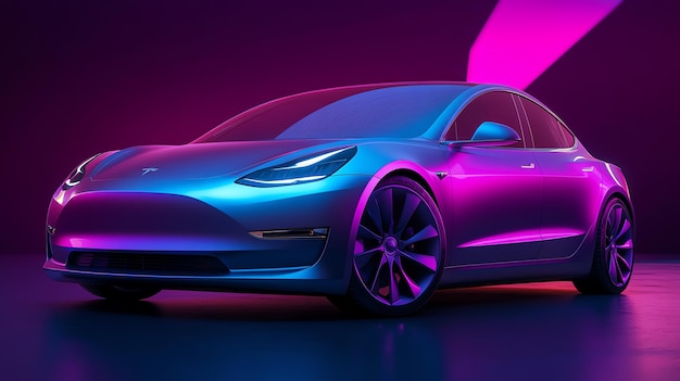 Photo a tesla model 3 in a futuristic neon light setting