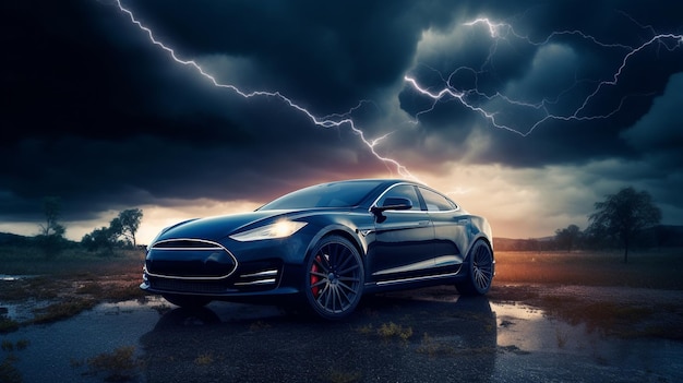 A tesla model s car in a storm