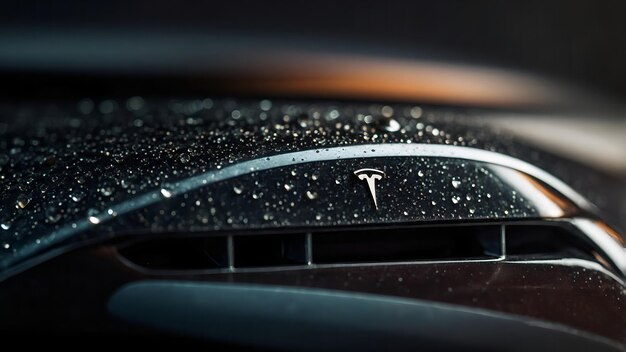 Photo tesla parked in front of a stylish cafe