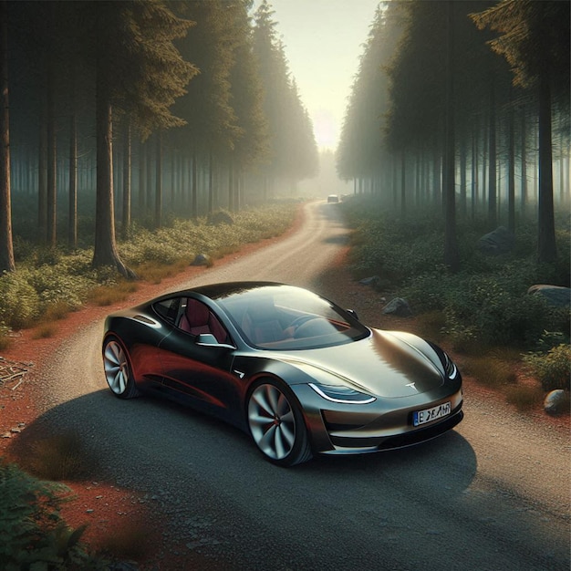 Tesla Roadster driving through a quiet forest trail