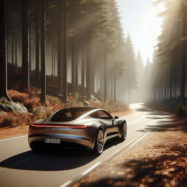 Tesla Roadster driving through a quiet forest trail