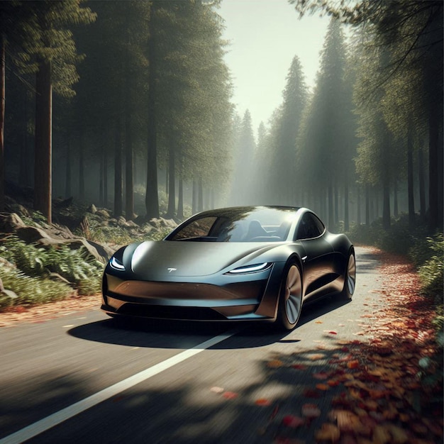 Tesla Roadster driving through a quiet forest trail