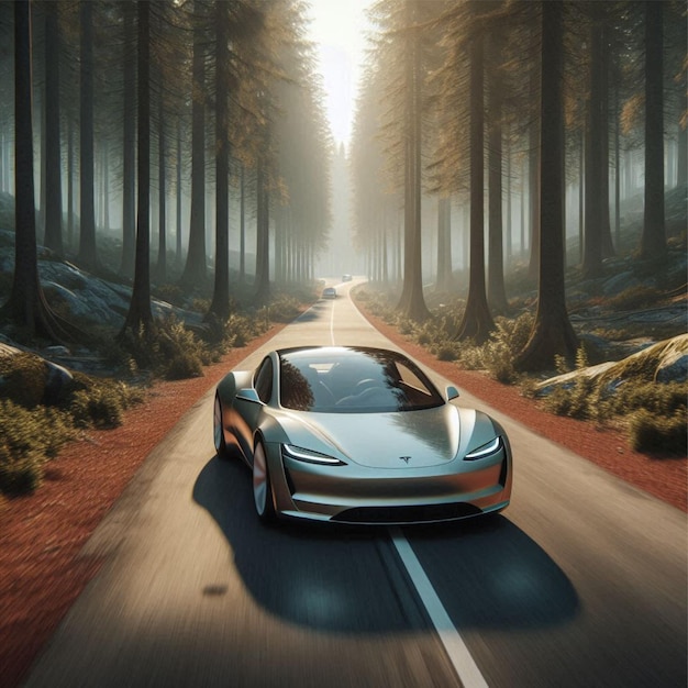 Tesla Roadster driving through a quiet forest trail