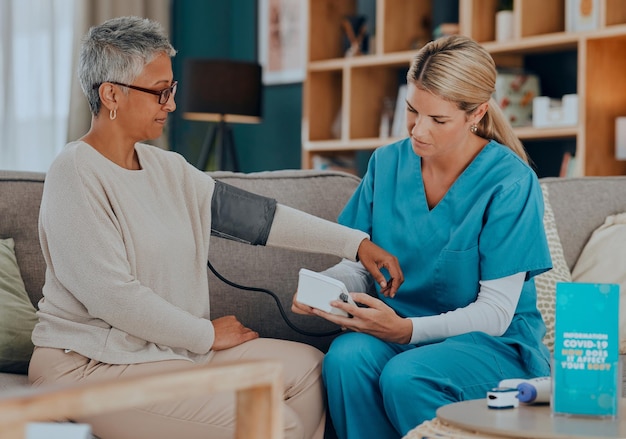 Test consultation and doctor with a patient for blood pressure exam healthcare and care in nursing home on the sofa Medical support and senior woman with a nursing caregiver with check on health