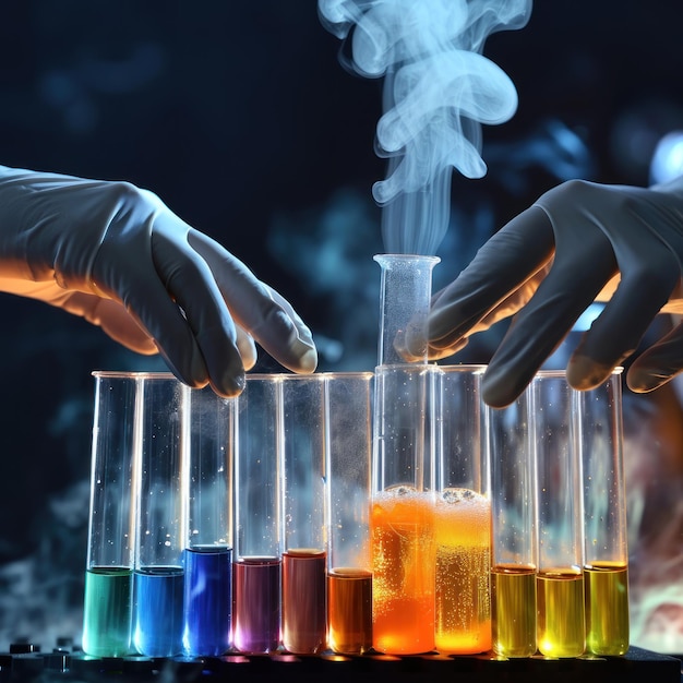 Test tubes emit steam and colorful smoke for experimental trials of interest to the pharmaceutical