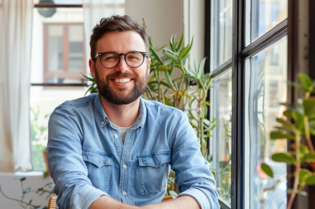 Testimonial Design Portrait of Happy Male Design Professional Sitting at Window