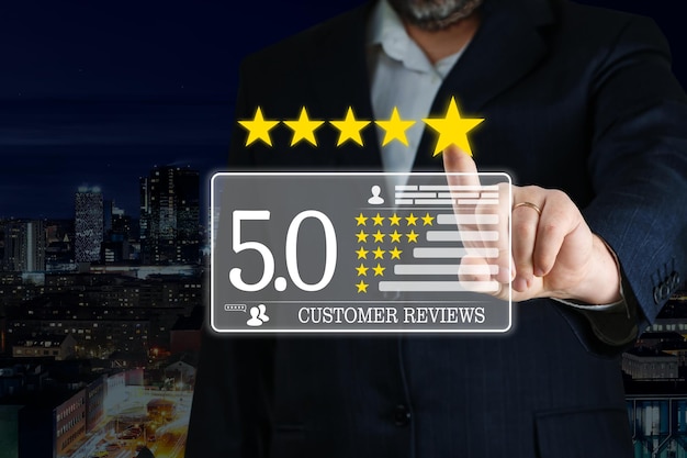 Testimonials customer review rating concept using smart devices positive customer feedback