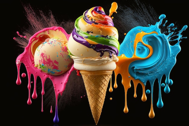 Testy ice cream splashes rainbow vibrant colorful isolate picture AI Generated image