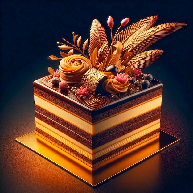 A testy opera cake with colorful background