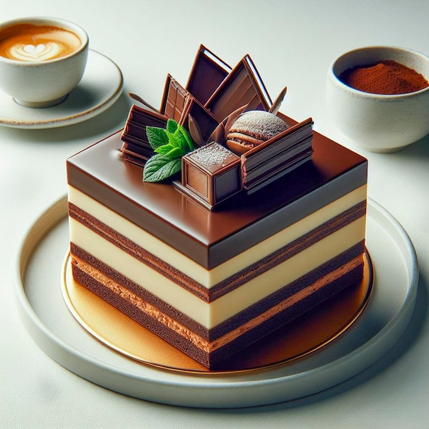 A testy opera cake with colorful background