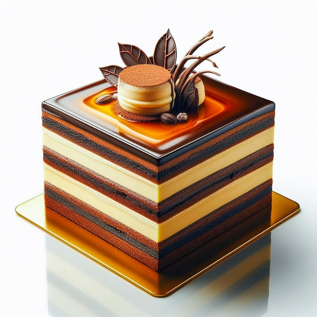 A testy opera cake with colorful background