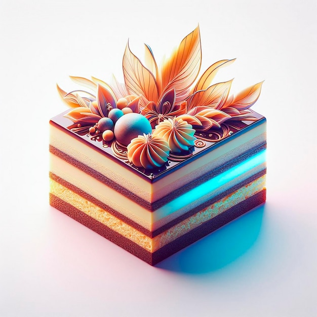 A testy opera cake with colorful background