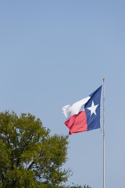 Texas flag waving against blue sky State Flag of Texas on a Windy Day