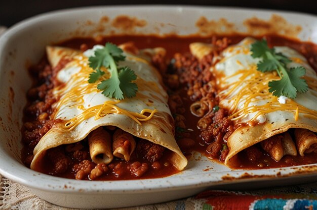 Texmex enchiladas corn tortillas with cheese or meat in chili sauce