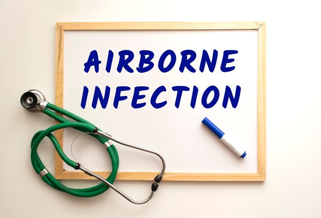 The text AIRBORNE INFECTION is written on a white office board. Nearby is a stethoscope.