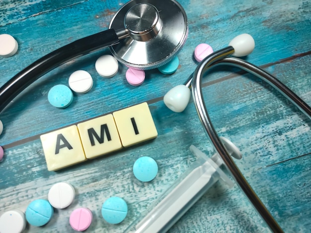 Text AMI Acute myocardial infarction on a table with a stethoscopesyringe and pills Medical concept