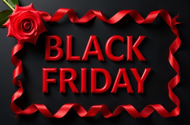 Photo text black friday in red voluminous letters in a red frame in the form of a satin red ribbon on a black background