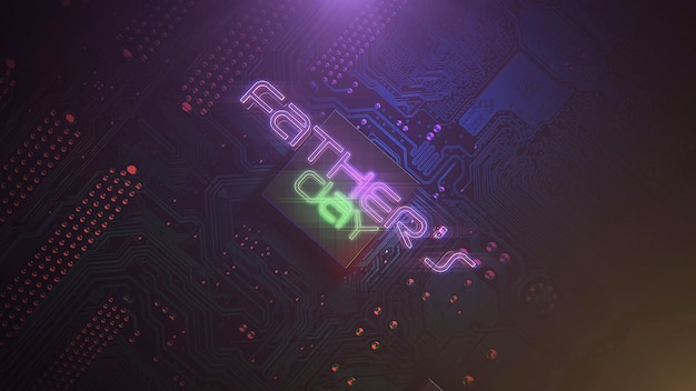 Text Fathers day and cyberpunk animation background with computer chip and neon lights. Modern and futuristic dynamic 3d illustration for cyberpunk and technology theme