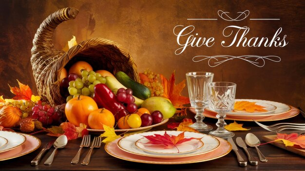 Photo text give thanks with fall leaves and a cornucopia