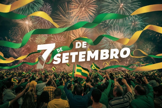 Text Green and yellow ribbons with the text 7 de Setembro Independence Day 1