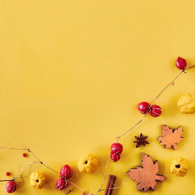 Text Happy Fallidays Autumn decorations on yellow paper Quince fruits natural garland wooden deco leaves anise spaces Square composition on yellow paper