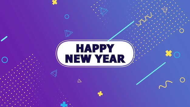 Text Happy New Year and motion memphis geometric shapes, abstract background