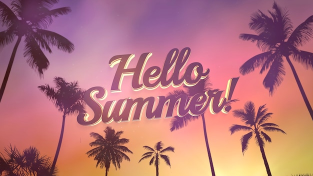 Text Hello Summer and panoramic view of tropical landscape with palm trees and sunset, summer background. Elegant and luxury dynamic 80s retro style 3D Illustration for advertising and promo theme